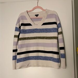 Ann Taylor Striped V-Neck Sweater in Cream, Lavender & Black